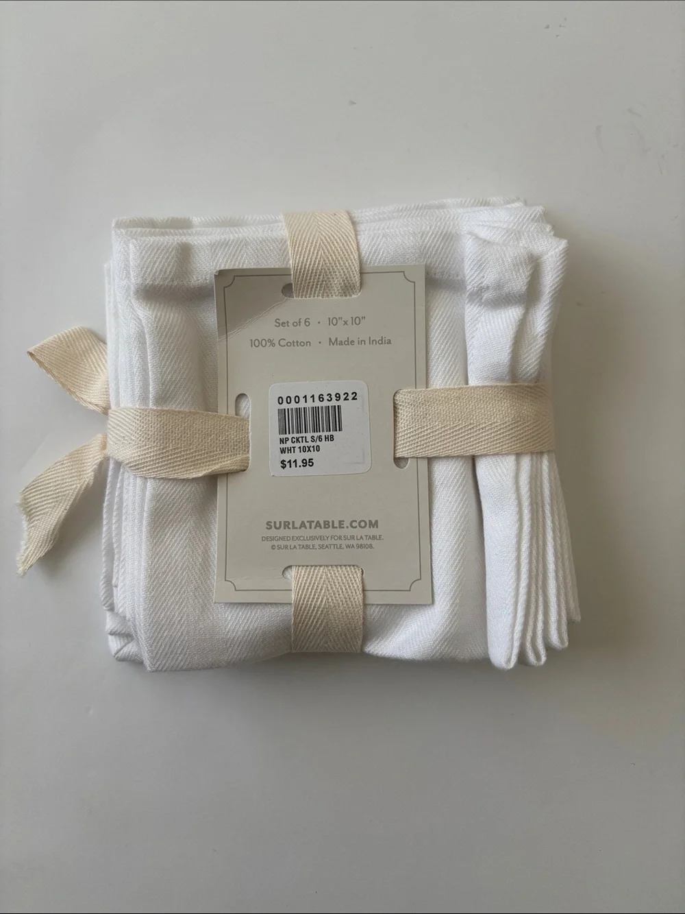NWT Sur La Table 100% Cotton Cocktail Napkins  Set of 6, WHITE
